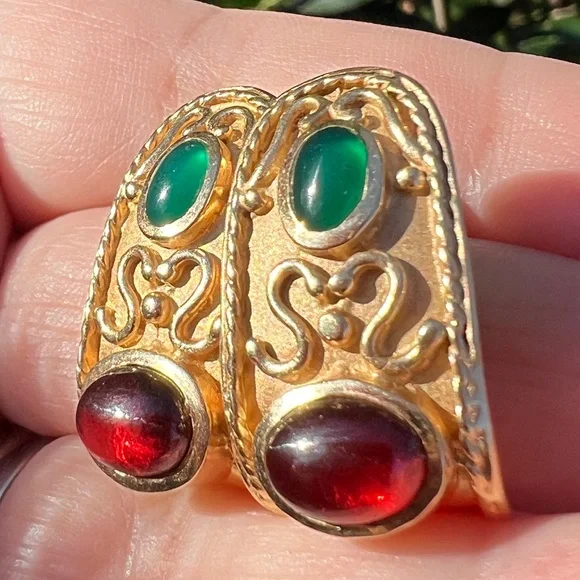 VINTAGE 14K GOLD CABOCHON GARNET GREEN CHRYSOPRASE EARRINGS STATEMENT CUSTOM - Picture 4 of 16